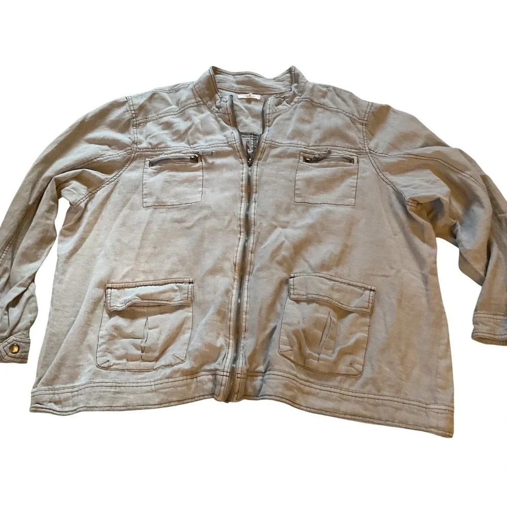 Maurices Womens Grey Linen Blend Full Zip Utility Jacket Mock Neck Size 3 Plus